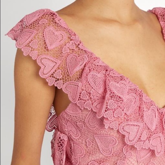 Miu Miu Heart-Macramé Lace Midi Dress In Rose Pink - Picture 2 of 5